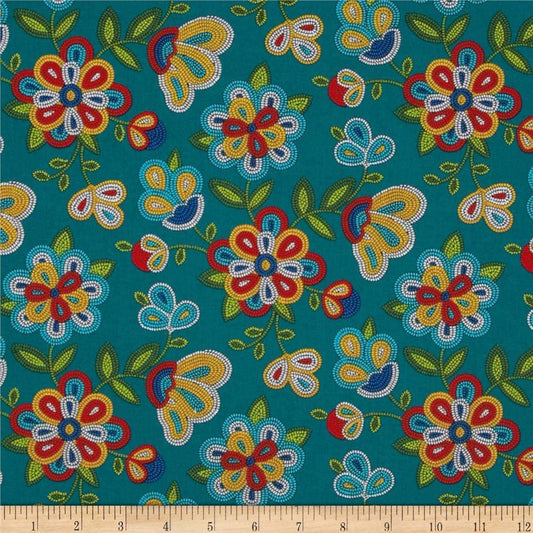 Tucson Beaded Flower Turquoise Elizabeth's Studio Cotton Fabric