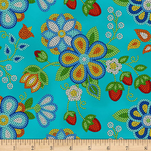 Tucson Beaded Strawberry Turquoise Elizabeth's Studio Cotton Fabric