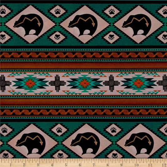 Tucson Western Bear Stripe Turquoise Elizabeth's Studio Cotton Fabric