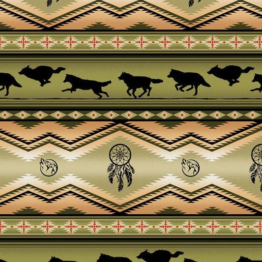Tucson Wolf Stripe Olive Green Elizabeth's Studio Cotton Fabric