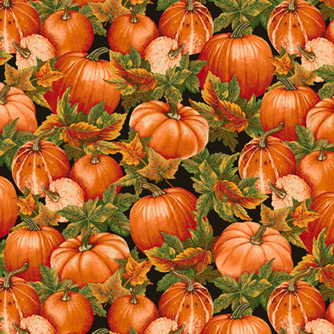 Turkey Time Pumpkin Fields Black Skyline Studio Benartex Cotton Fabric