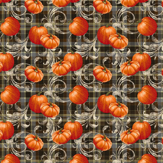 Turkey Time Pumpkin Plaid Scroll Smoke Grey Skyline Studio Benartex Cotton Fabric