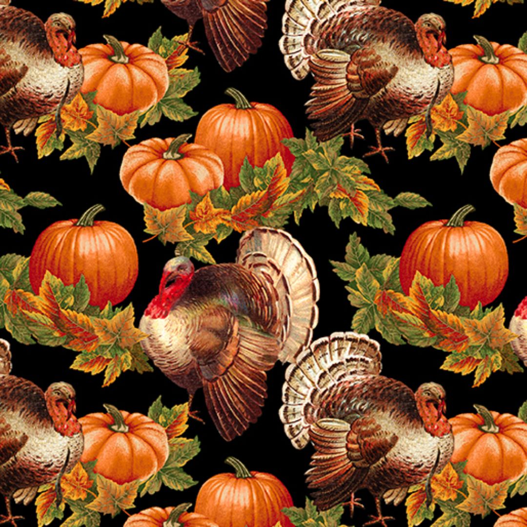 Turkey Time Scenic Black Turkey Pumpkin Skyline Studio Benartex Cotton Fabric