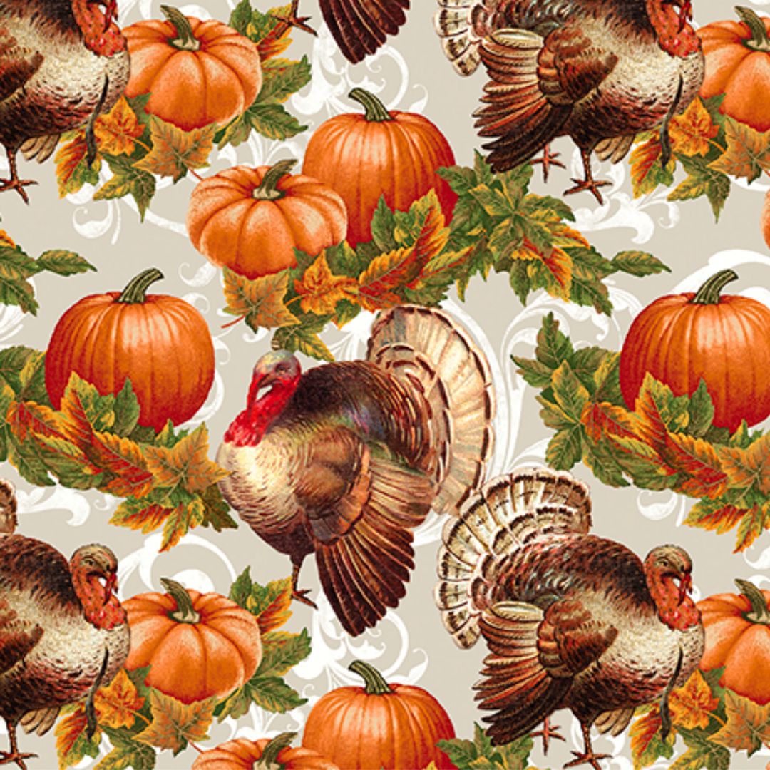 Turkey Time Scenic Natural Turkey Pumpkin Skyline Studio Benartex Cotton Fabric