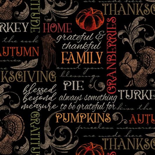 Turkey Time Sentiment Black Skyline Studio Benartex Cotton Fabric