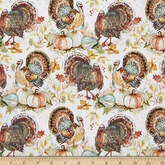 Turkeys and Pumpkins White Susan Winget Springs Creative Cotton Fabric SC-77325