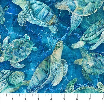 Turtle Bay Turtles Swimming Indigo Deborah Edwards Melanie Sarma Northcott Cotton Fabric