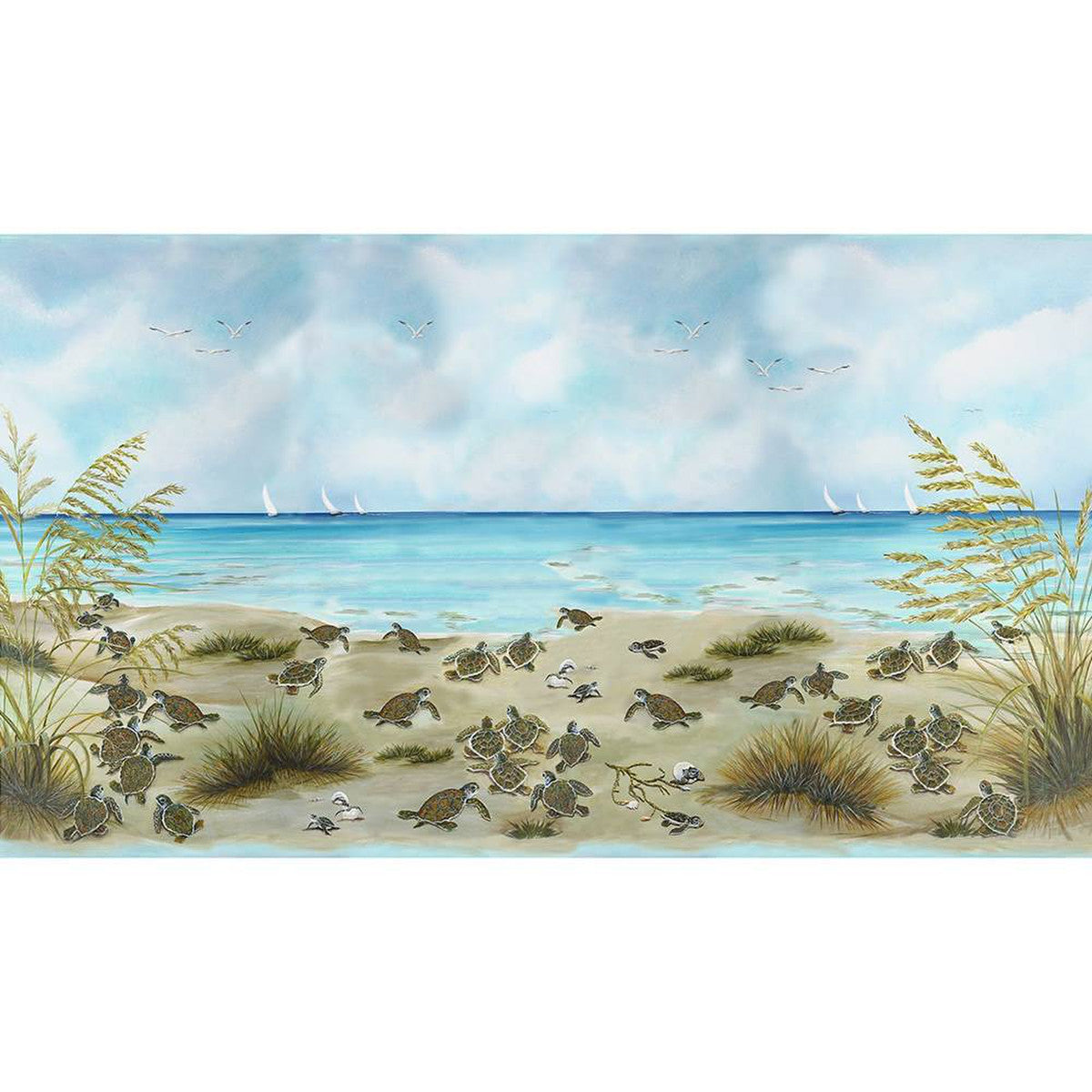 Turtle March Scenic Beach and Turtles Panel 24" Sky Blue Lisa Marie Sparling Henry Glass Cotton Fabric