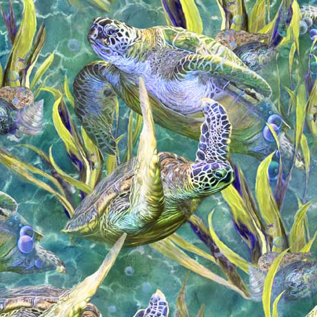 Turtle Odyssey Sea Turtles Turquoise Carol Cavalaris Quilting Treasures Cotton Fabric