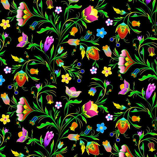 Turtle Island Floral Black Aaron Martin Elizabeth's Studio Cotton Fabric ES-37002-BLACK