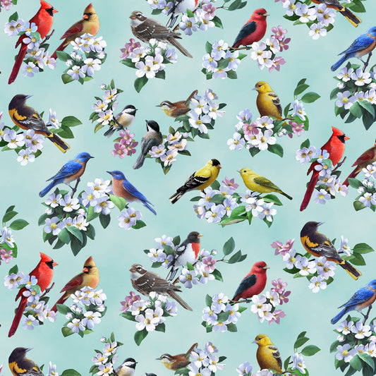 Tweethearts Allover Birds Floral Azure Blue Bradley Jackson Elizabeth’s Studio Cotton Fabric