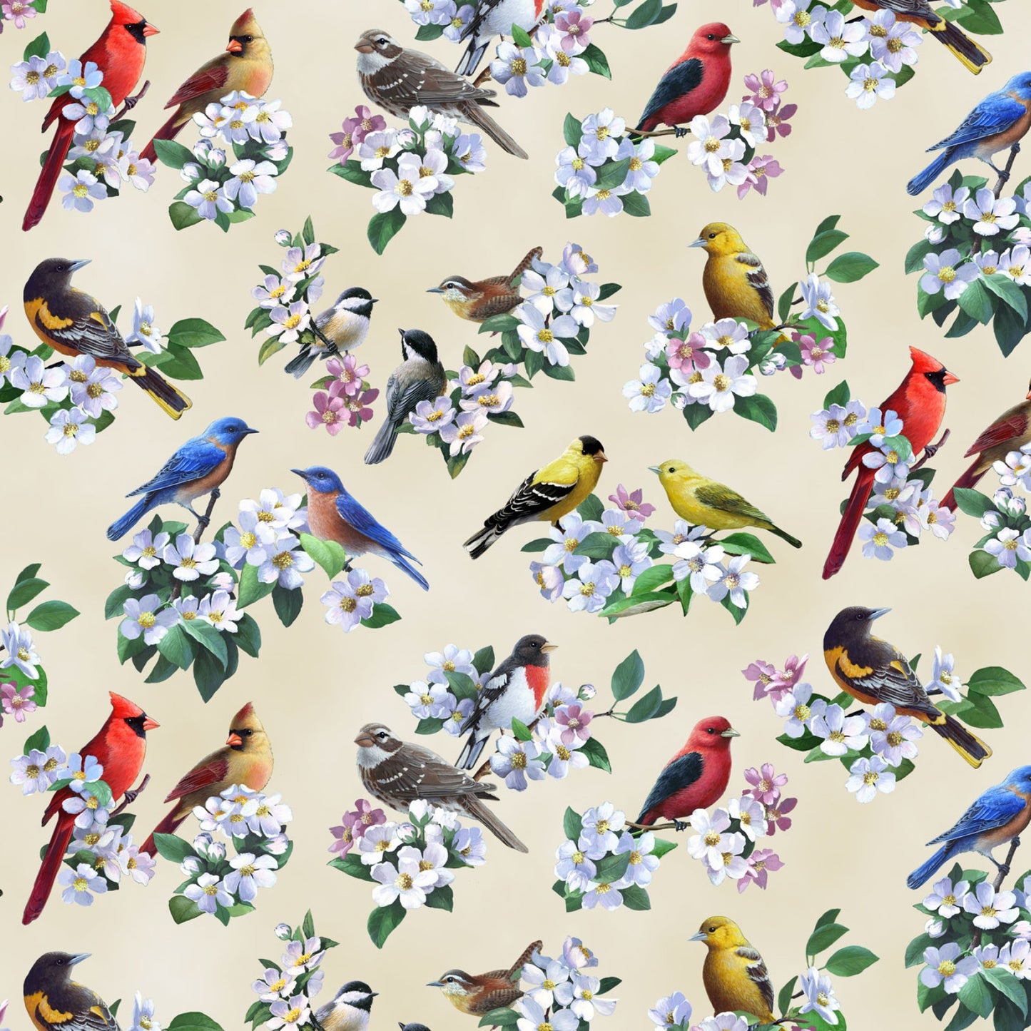 Tweethearts Allover Birds Cream Bradley Jackson Elizabeth Studio Cotton Fabric