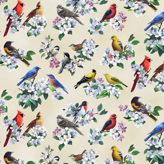 Tweethearts Allover Birds Cream Bradley Jackson Elizabeth Studio Cotton Fabric