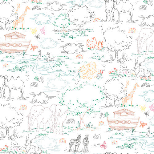 Two by Two Scenic Outline White Caverly Smith 3 Wishes Cotton Fabric