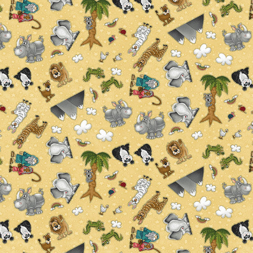 Two By Two Noah and Animals Butter Yellow Leanne Anderson and Kaytlyn Kuebler Henry Glass Cotton Fabric