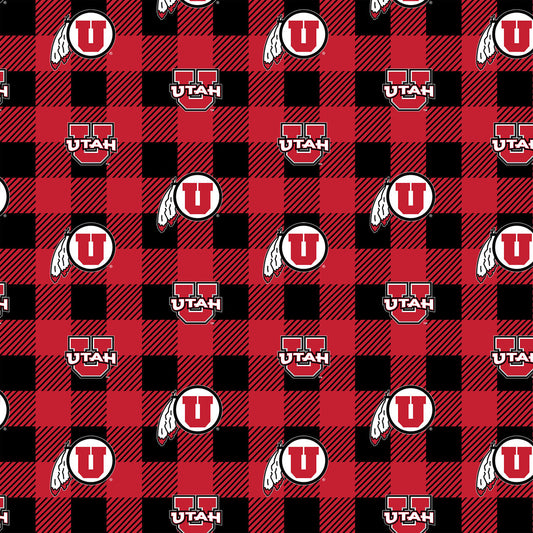 Utah Utes NCAA College Buffalo Plaid Sykel Enterprises Polyester Fleece Fabric UTA-1190