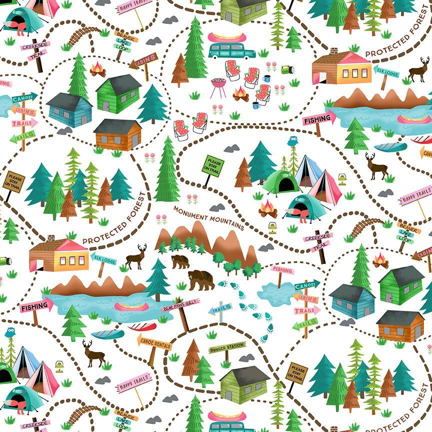 Under the Stars Camping Scenic White Gail Cadden Timeless Treasures Cotton Fabric