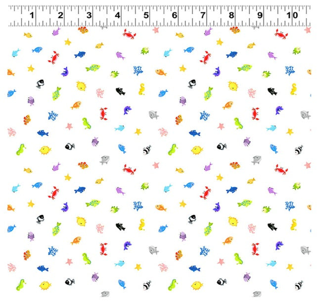 Under the Sea Mini Fish White Suzybee Clothworks Cotton Fabric CLT-SB20445-999