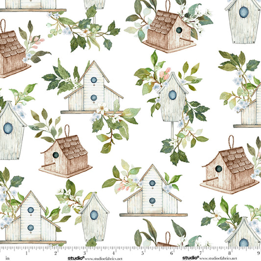 Unexpected Red Birdhouses White Rebecca Canale Studio E Cotton Fabric SE-9278-06