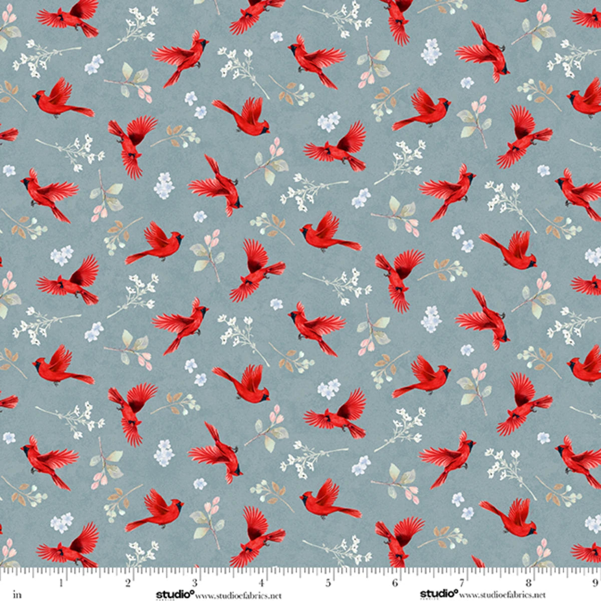 Unexpected Red Cardinals Flutters and Florals Slate Rebecca Canale Studio E Cotton Fabric SE-9280-78