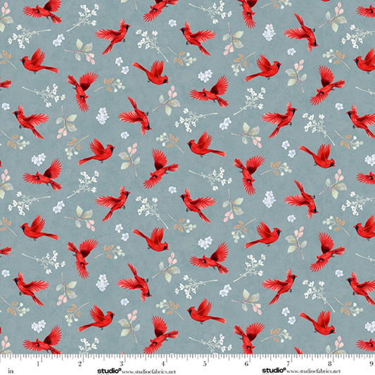 Unexpected Red Cardinals Flutters and Florals Slate Rebecca Canale Studio E Cotton Fabric SE-9280-78