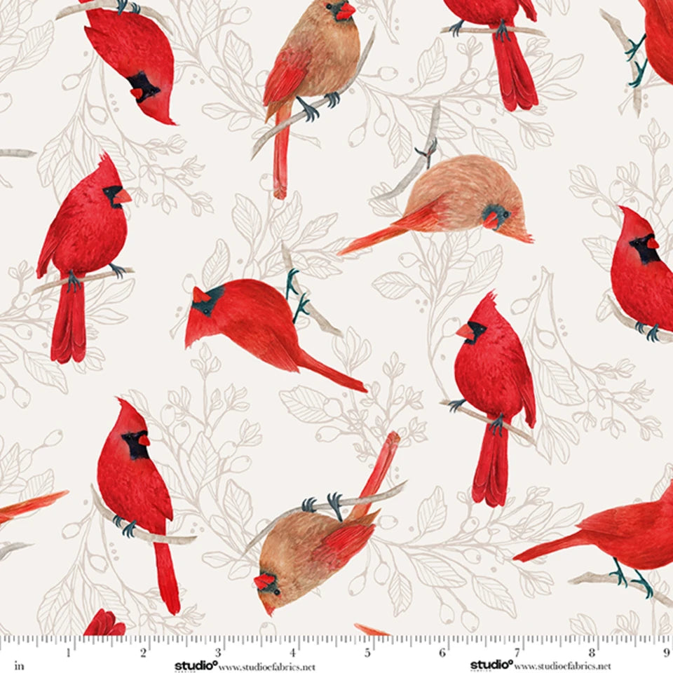 Unexpected Red Cardinals Cream Rebecca Canale Studio E Cotton Fabric SE-9276-38