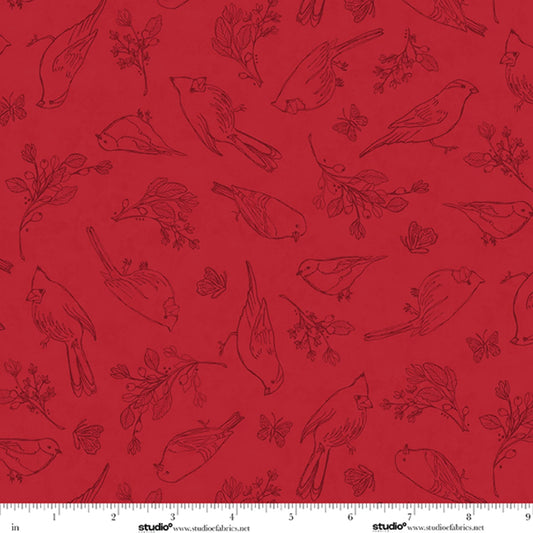 Unexpected Red Fine Line Flock Cardinals Red Rebecca Canale Studio E Cotton Fabric SE-9277-88