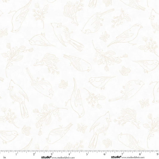 Unexpected Red Fine Line Flock Cardinals White Rebecca Canale Studio E Cotton Fabric SE-9277-04