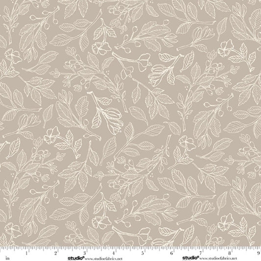Unexpected Red Fineline Floral Leaves Taupe Beige Rebecca Canale Studio E Cotton Fabric SE-9279-33