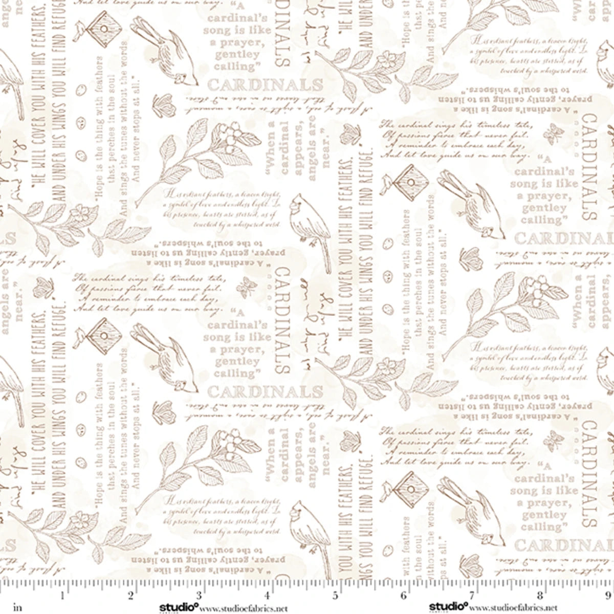 Unexpected Red Writings Cardinals White Taupe Rebecca Canale Studio E Cotton Fabric SE-9281-03