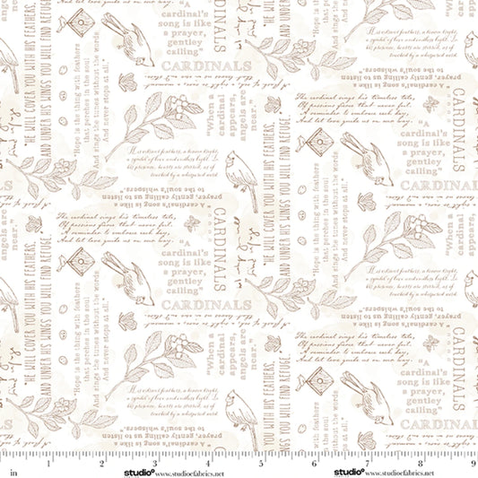 Unexpected Red Writings Cardinals White Taupe Rebecca Canale Studio E Cotton Fabric SE-9281-03
