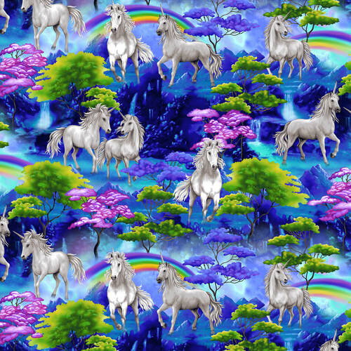 Unicorn Dreams Unicorns Allover Blue Multi Henry Glass Cotton Fabric