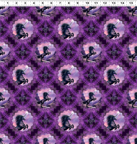Unicorn Magic Medallions Eggplant Anne Stokes Clothworks Cotton Fabric CLT-Y4710-45
