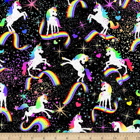 Unicorns Metallic Cosmic Glitter Black Timeless Treasures Cotton Fabric