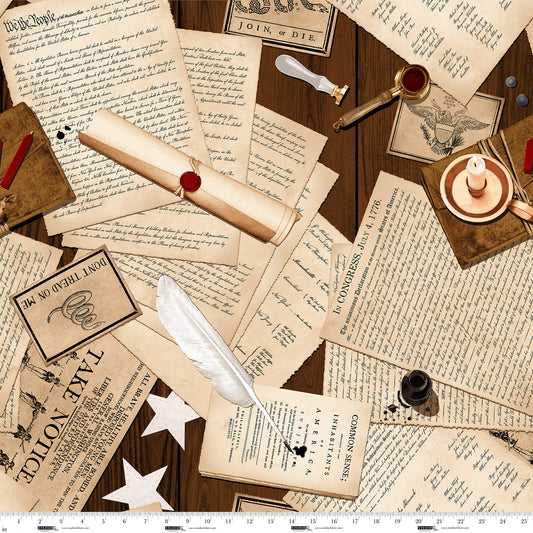 United We Stand 108" Wideback Documents Cream Brown Chestnut House Studios Studio E Cotton Fabric SE-8569-43