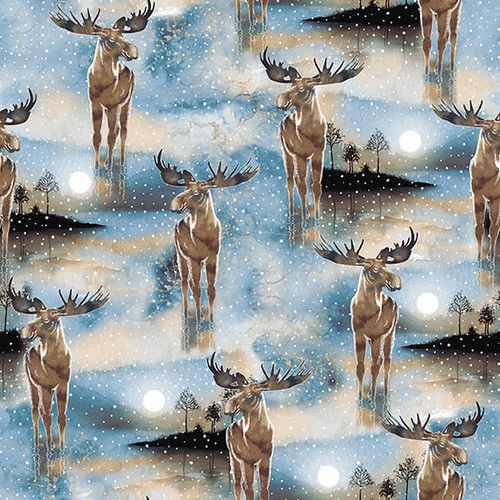 Cold Winter Morning Moose Blue Kathleen Francour Studio E Cotton Fabric