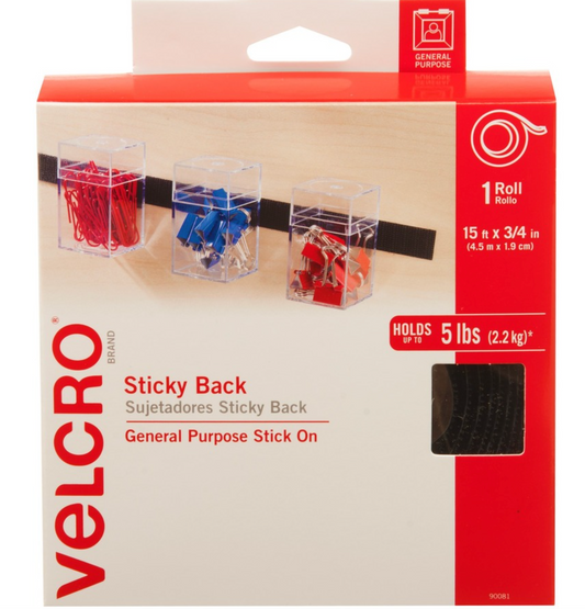 VELCRO Sticky Back Black Hook & Loop Fastener Tape Dispenser 3/4"x 15 Ft Roll