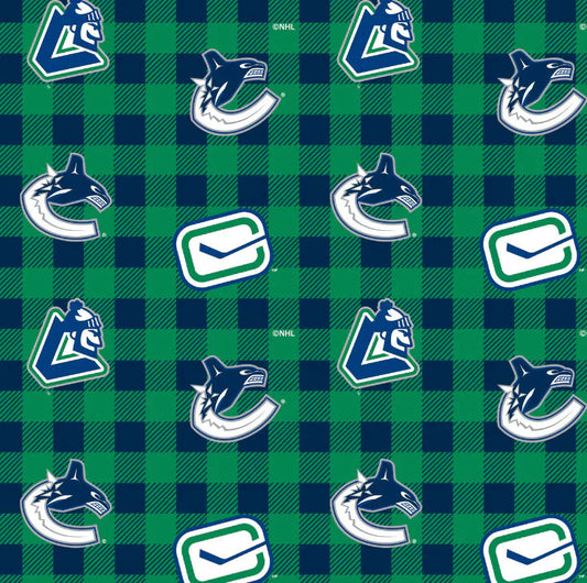 Vancouver Canucks NHL Hockey Check FLANNEL Sykel Enterprises Cotton Fabric NHL-1192-VAN