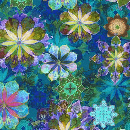 Venice Layered Flowers Teal Green Christiane Marques Robert Kaufman Cotton Fabric