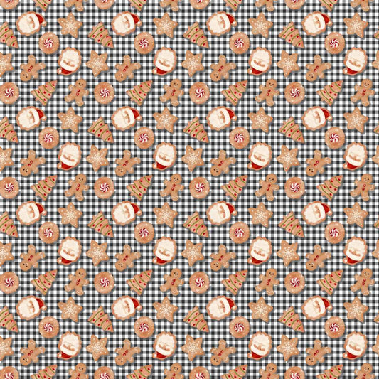 Very Merry Gingerbread Christmas Cookie Plaid Black Beth Albert 3 Wishes Cotton Fabric 3W-24614-BLK