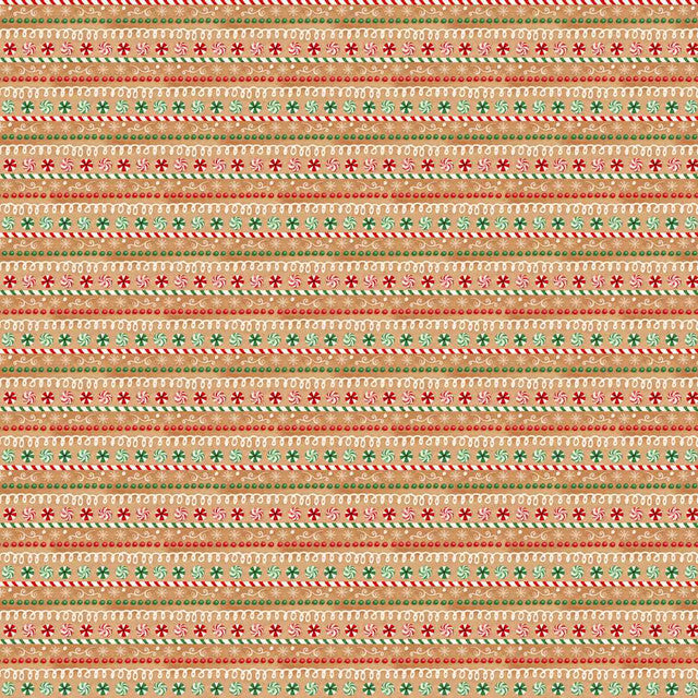 Very Merry Gingerbread Iced Candy Stripe Tan Beth Albert 3 Wishes Cotton Fabric 3W-24616-TAN