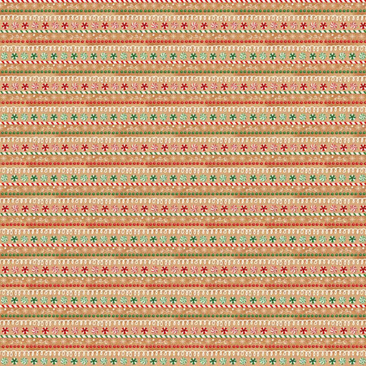 Very Merry Gingerbread Iced Candy Stripe Tan Beth Albert 3 Wishes Cotton Fabric 3W-24616-TAN