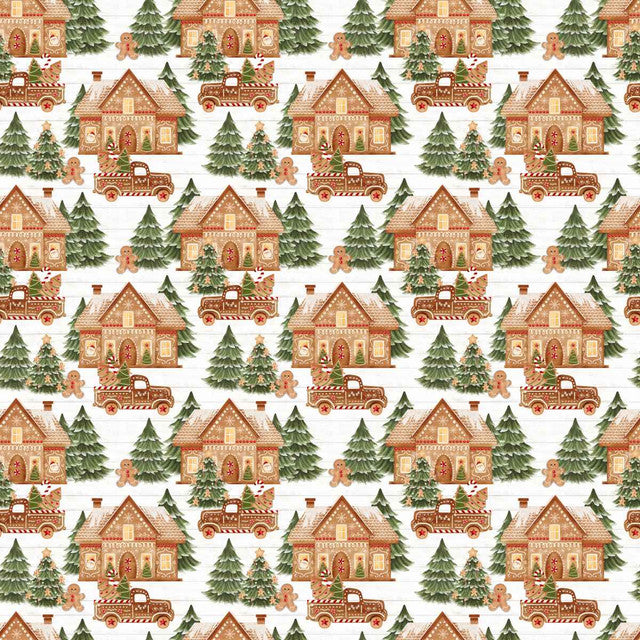 Very Merry Gingerbread Jolly Gingerbread Forest White Beth Albert 3 Wishes Cotton Fabric 3W-24613-WHT