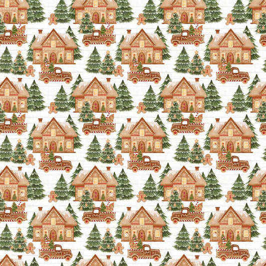 Very Merry Gingerbread Jolly Gingerbread Forest White Beth Albert 3 Wishes Cotton Fabric 3W-24613-WHT