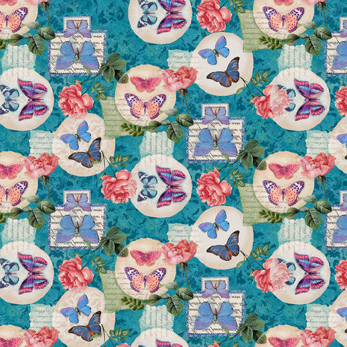 Victoria Butterfly Floral Stamp Teal Lisabelle Blank Quilting Fabrics Cotton Fabric