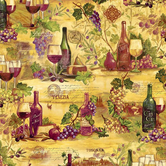 Vineyard Wine Collage Ochre Multi Geoff Allen Studio E Cotton Fabric