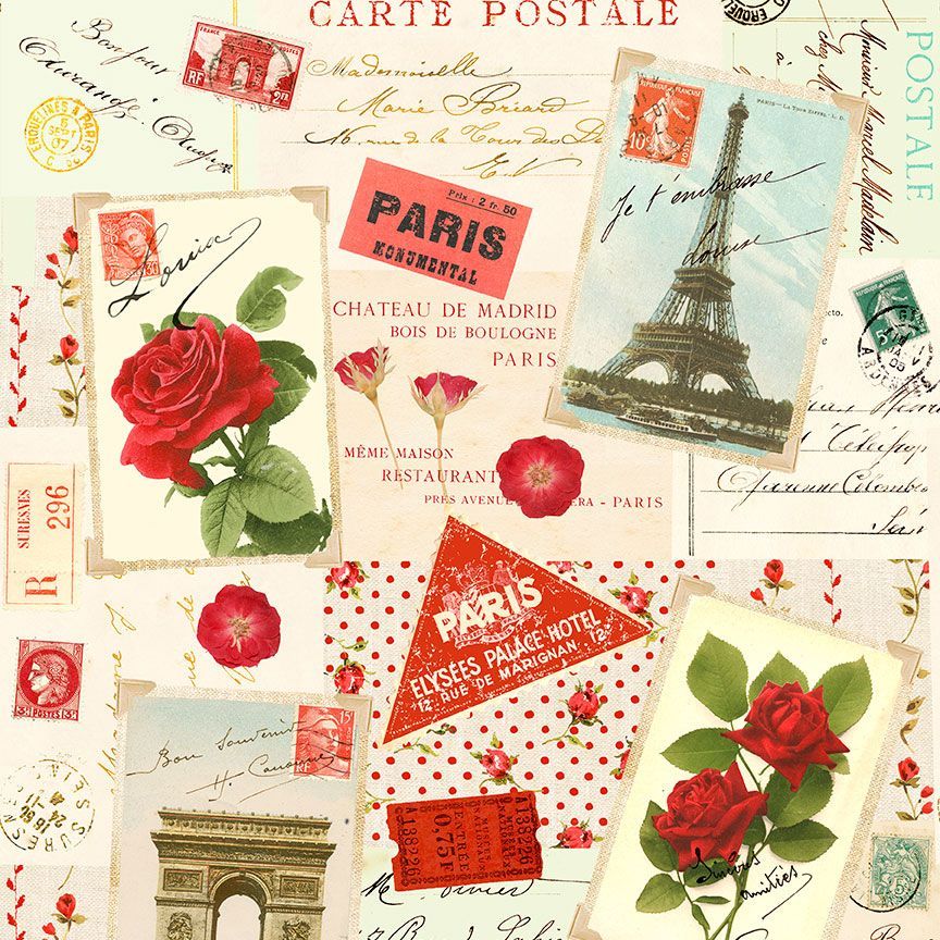 Vintage Rose Paris Vintage Postcards Cream Timeless Treasures Cotton Fabric