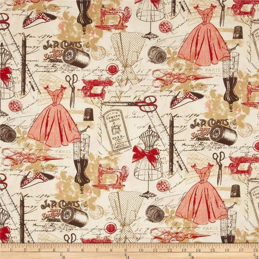 Vintage Dressmaking Sewing in Red Beige Timeless Treasures Cotton Fabric