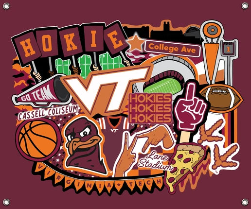 Virginia Tech Hokies NCAA College Doodle Spirit Banner 58x47 inches Sykel Enterprises 4 Grommets Polyester Fabric VT-5002