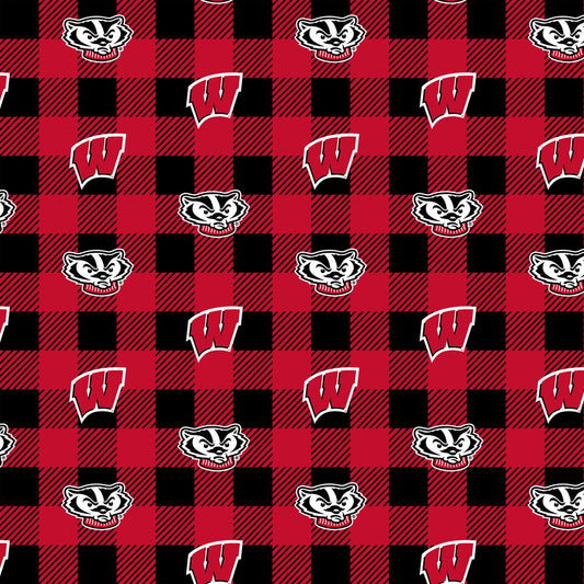 Wisconsin Badgers NCAA College Buffalo Plaid Sykel Enterprises Polyester Fleece Fabric WIS-1190